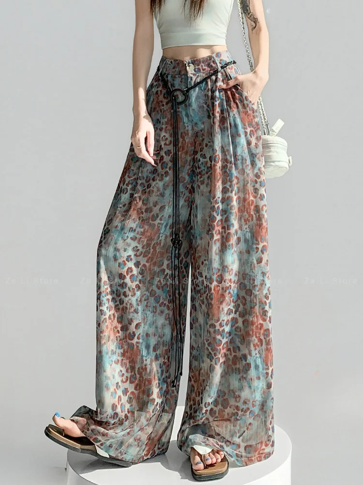 

Ice Silk Chiffon Leopard Print Wide-leg Pants for Women, 2026 Summer High-waisted Suit Pants, Casual Sun Protection Pants