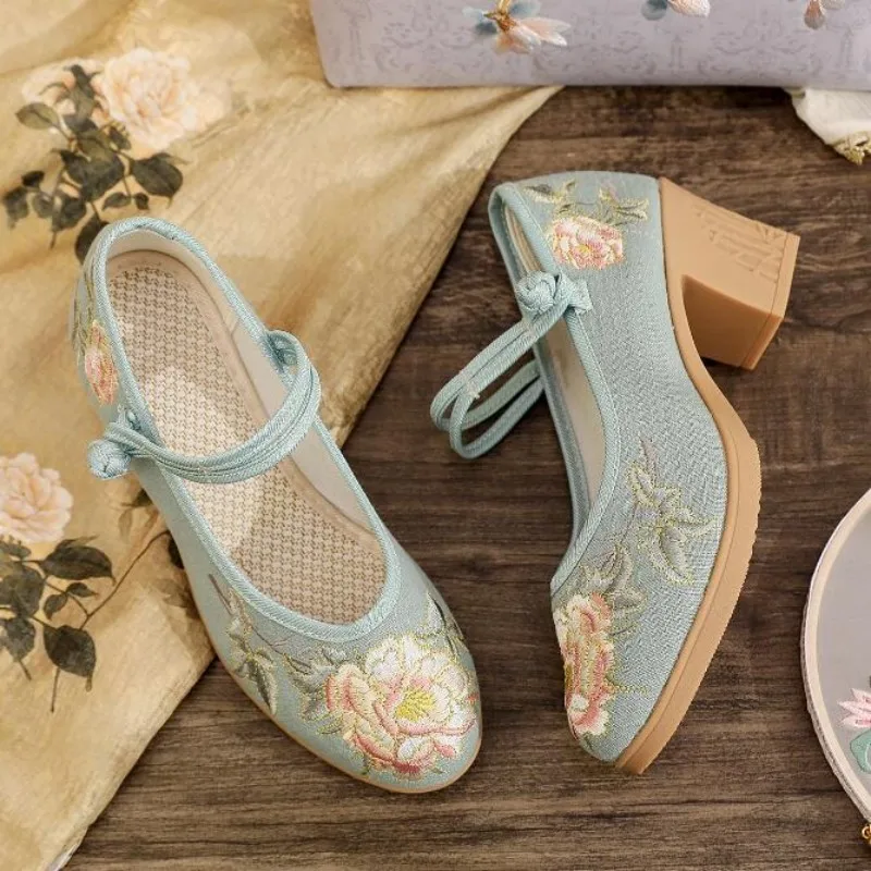 Women Embroidered Mid Heel Mary Jane Shoes Ethnic Style Ankle Strap Dress Pumps for Summer Ladies Elegant Dance Shoe