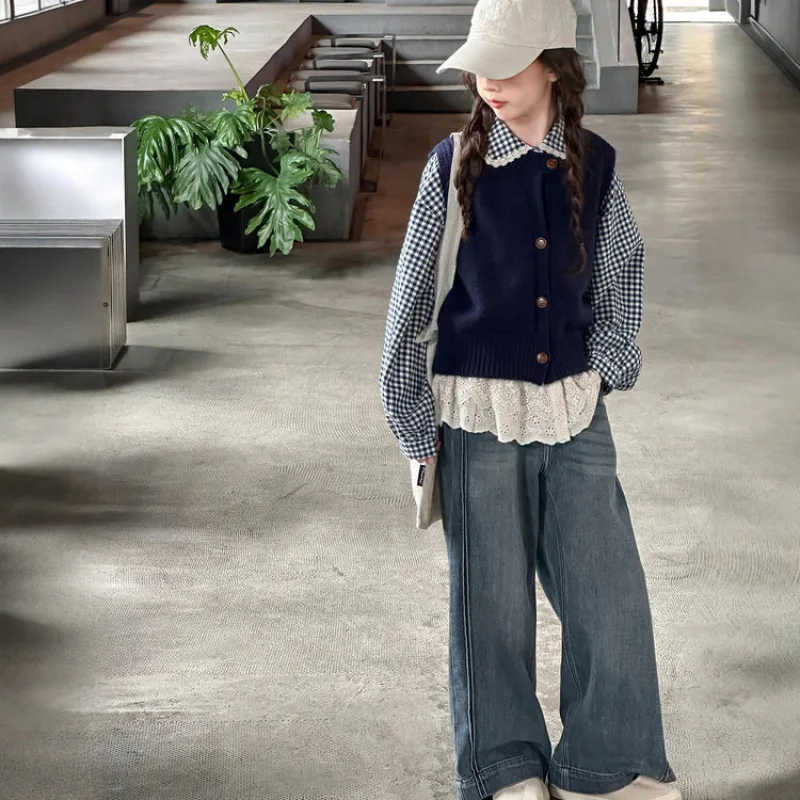 

Kids Girls Autumn 3pcs Suits Lace Patchwork Turn Down Collar Plaid Undershirt+Knitted Vest+Straight Leg Jean Teenager Girls