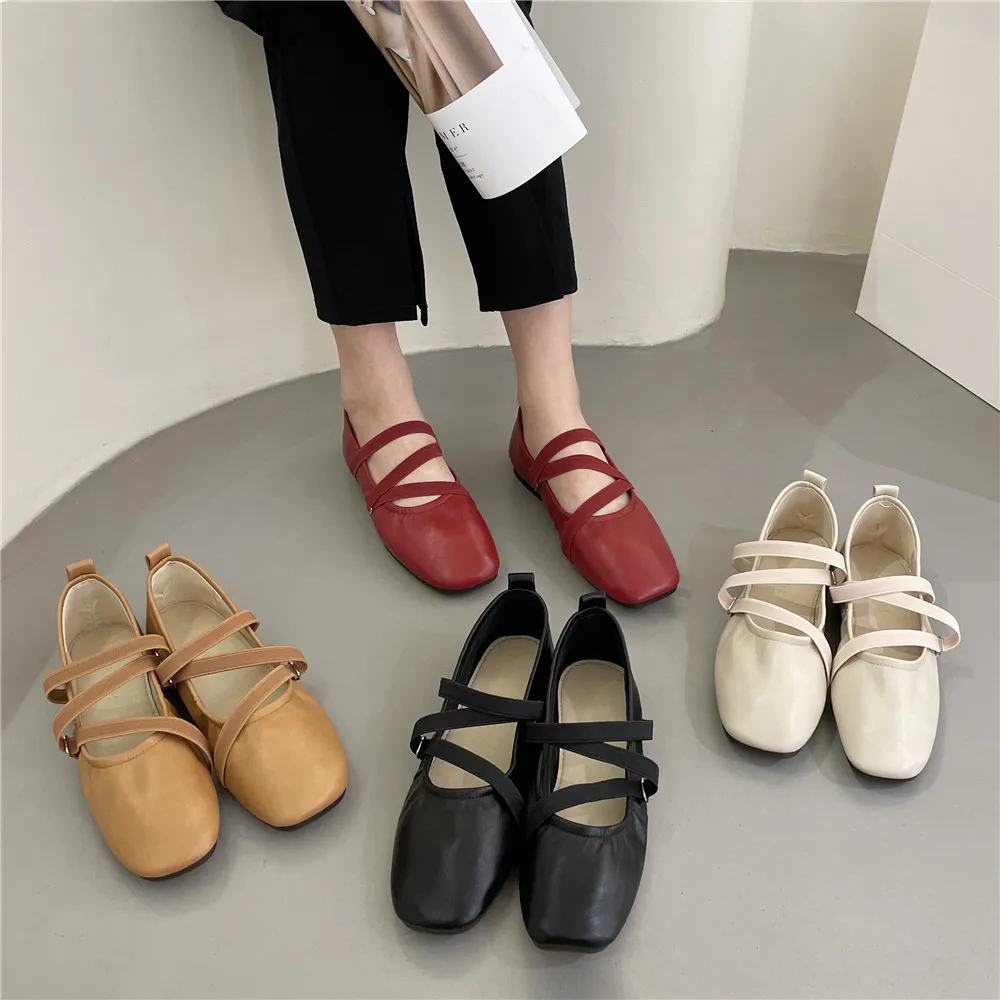 Size 35-43 Spring Luxury Ballet Flat Shoes Women Comfy Leather Shoes Women Square Toe Flat Mary Janes Ladies Shoes Double Buckle