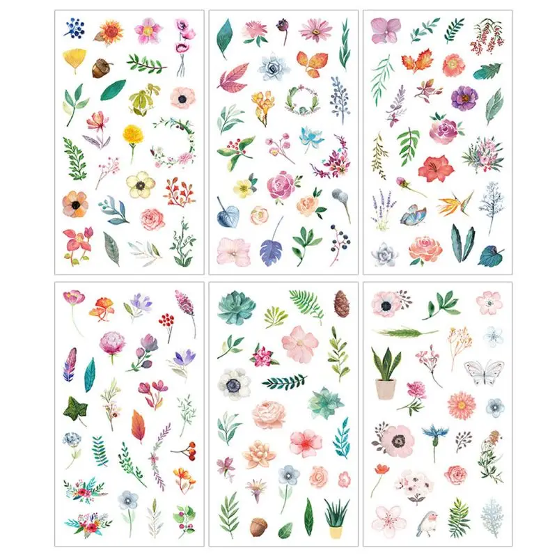 Q0KE 6 Sheets Flower Leaves Waterproof Stickers for Water Bottles Computer Phone Multicolor Flower Stickers for Kids