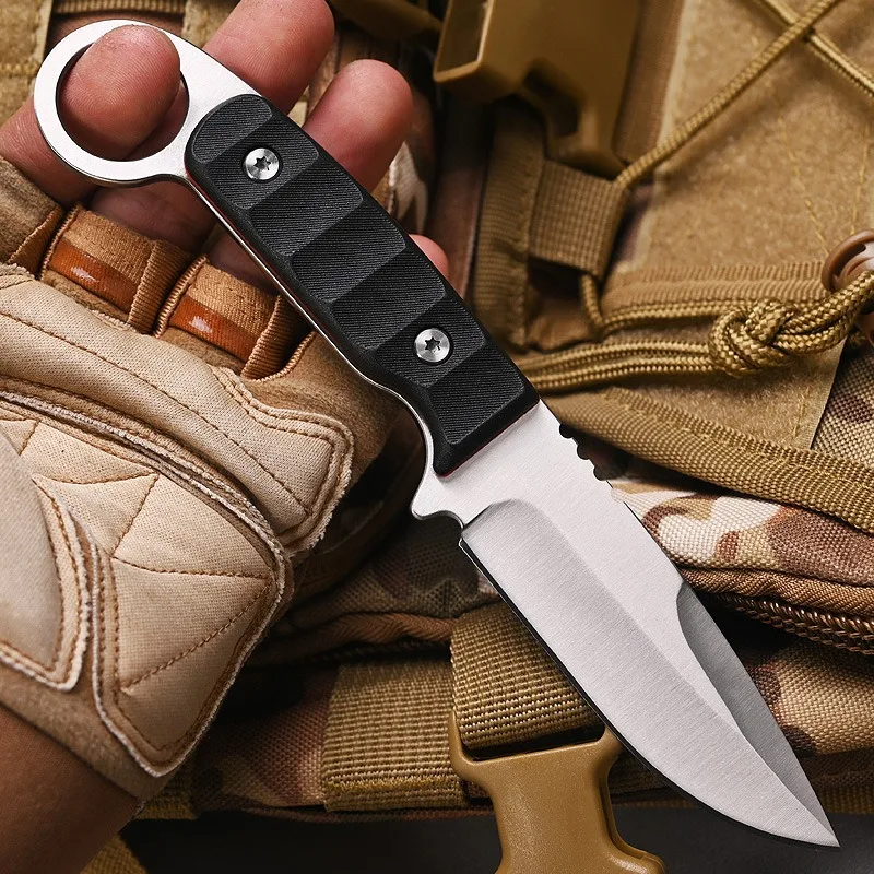 Mini Fixed Blade Knife with Tactical Finger Ring High Hardness Outdoor Multi-Purpose EDC