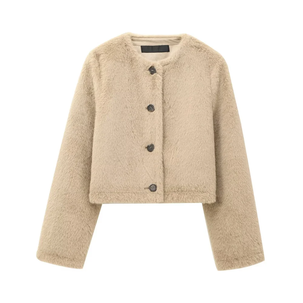 

Women's fur loose top round neck long sleeved button plush autumn and winter new warm jacket