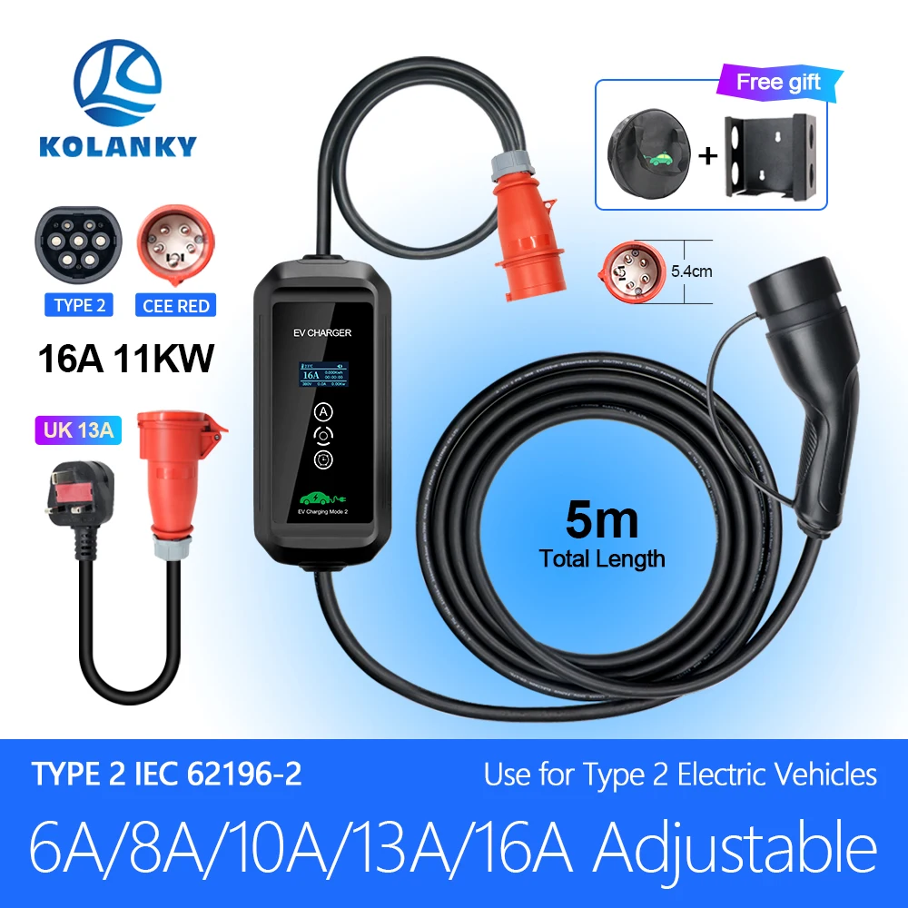 Kolanky EV Charger 16A 11KW 3P Type 2 Timer IEC 62169 Charging Electric Vehicle 11KW Socket To UK 13A 3.25KW Adaptor Cable 5M