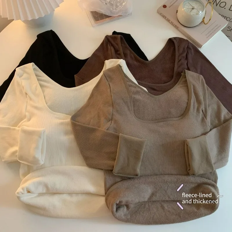 

Thick Long Sleeved Shirt with Chest Cushion and Velvet Comfortable and Warm Top for Winter Looped and Heated Base for Women