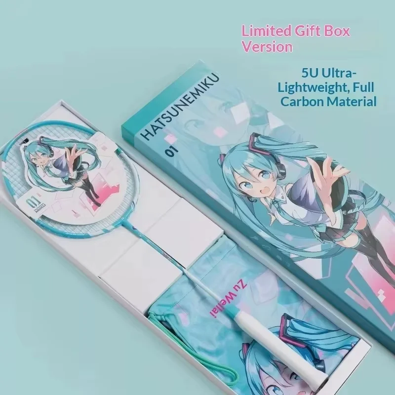 

WildchildClub Hatsune Miku ракетка для бадминтона из углеродного волокна, легкая, 75-80 г, увеличенная рама, профессиональная одиночная ракетка, подарочная коробка
