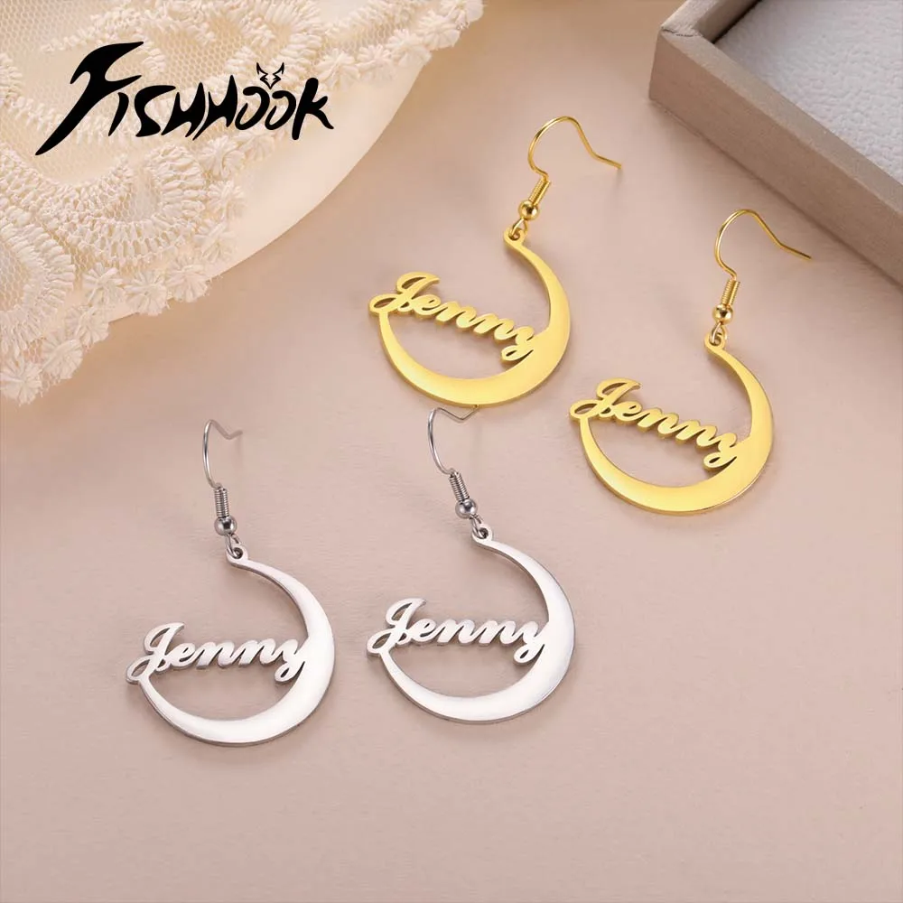 Moon Custom Name Statement Big Drop Earring Personalized Supernatural Gift For Women Mother Gold Color Stainless Steel Jewelry