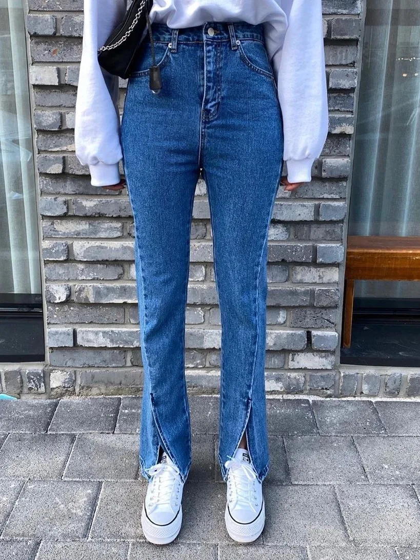 Afslankende denim jeans met hoge taille en split aan de voorkant Trendy vintage gevoel dames Faion lente herfst l taille jeans