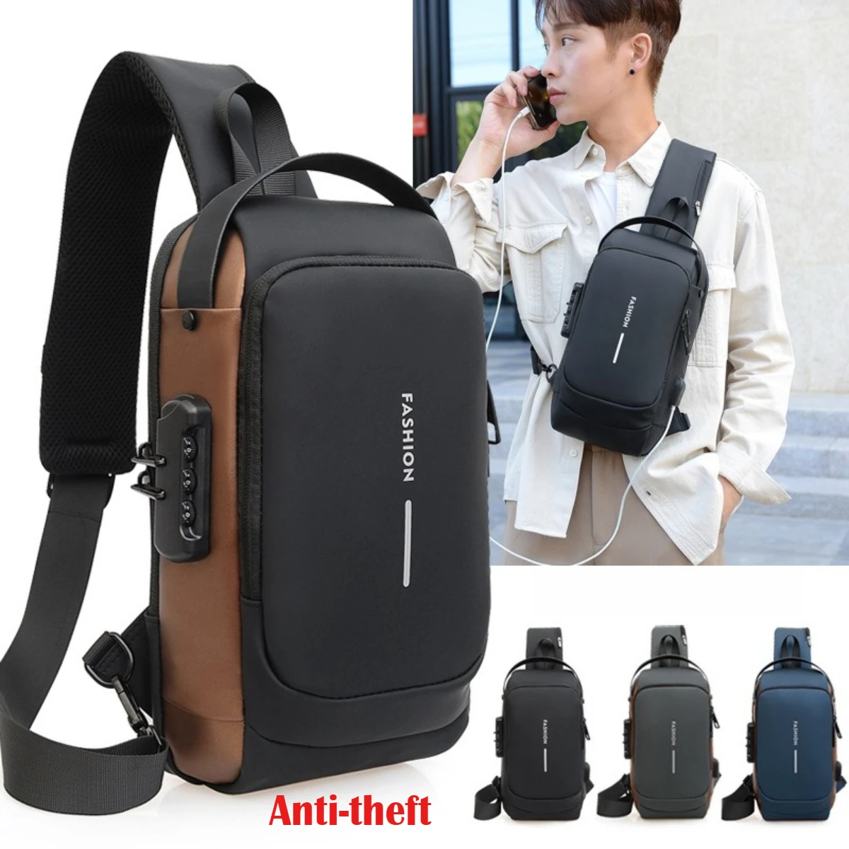 

1Pc Men's Anti-theft Password Lock Chest Bag Creative Crossbody Shoulder Bags with USB Charge Ideal for Sports Gym Hiking Travel
