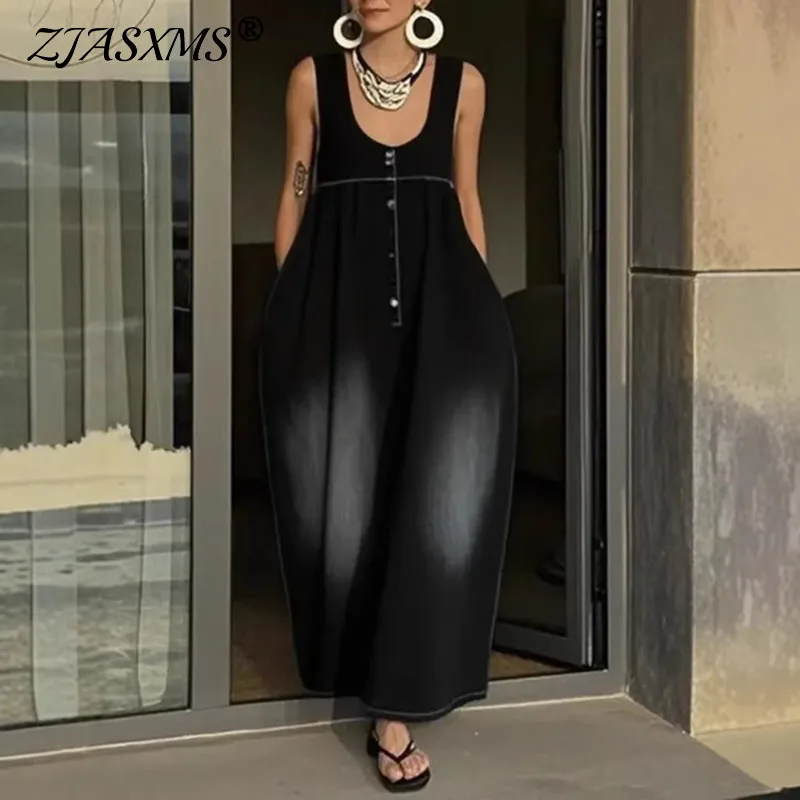 

Ретро повседневное платье с U-образным вырезом и бретелями для вечеринок, женское, весна 2025, однотонное, свободное, с карманами, длинное, без рукавов, летнее, для отпуска