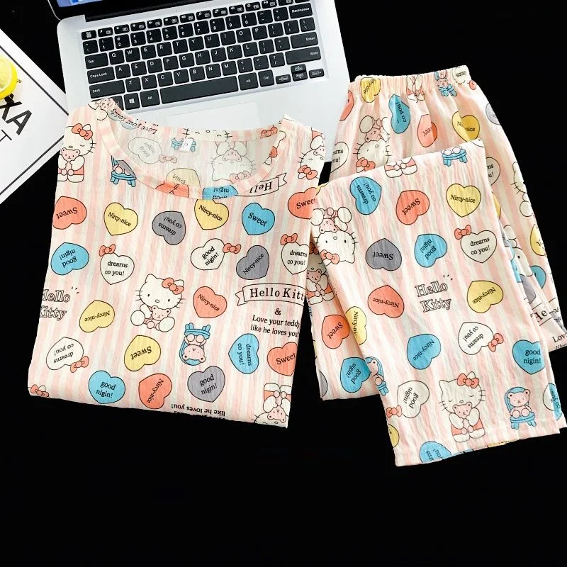 

Комплект пижамы Sanrio Hello Kitty из облачного хлопка: милый мультяшный дизайн, весенне-осенний вариант, пижамные брюки и лонгслив, домашняя одежда для женщин