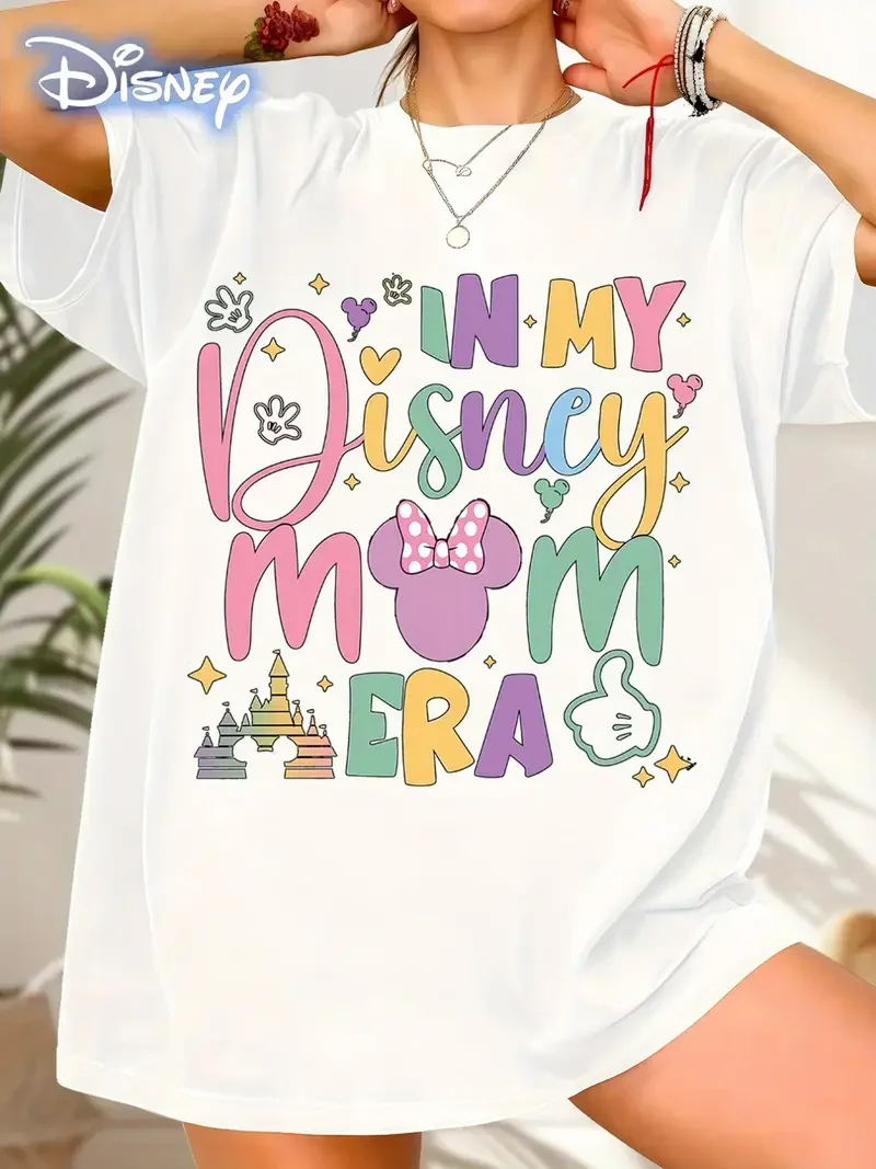 Disney Mickey Minnie Letter Mom Mama Casual T-Shirt Women's Cotton Girl Tee Trendy Oversized Gift Top Clothing O-Neck Breathable