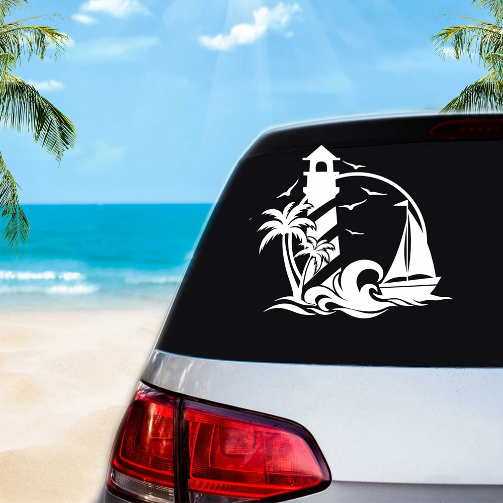 Beach Lighthouse Sailboat Palm Trees Car Vinyl Stickers Adventure Windows Bumper Decor Decals Accessories