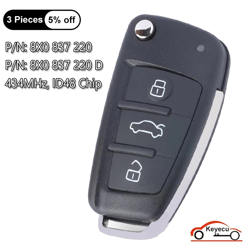 

KEYECU 3 Buttons 434MHz ASK Integrated 48 Chip for Audi A1 Q3 S1 A3 S3 Flip Remote Car Key Fob P/N: 8X0 837 220 / 8X0 837 220 D