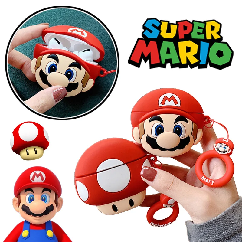 Super Mario Case for Apple AirPods 1 2 3 Airpod Pro 3D Mushroom Keychain Wireless Earphone Bluetooth Headset Case Silicone Cover