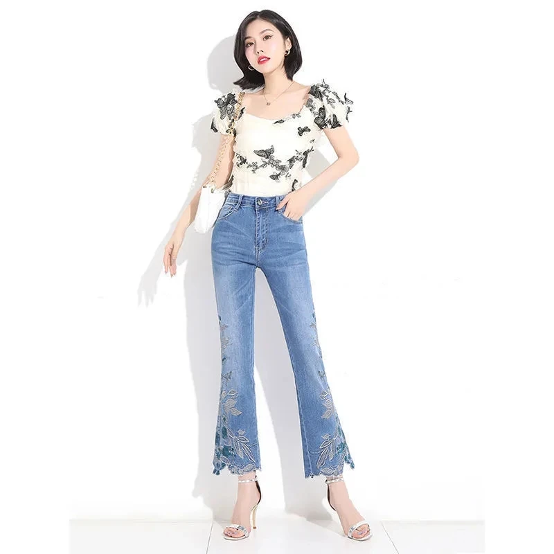 2022 New Spring Summer Women Loose Casual High Waist Embroidery Jeans Femme Cotton Stretch Denim Flare Pants Ankle-Length Jeans