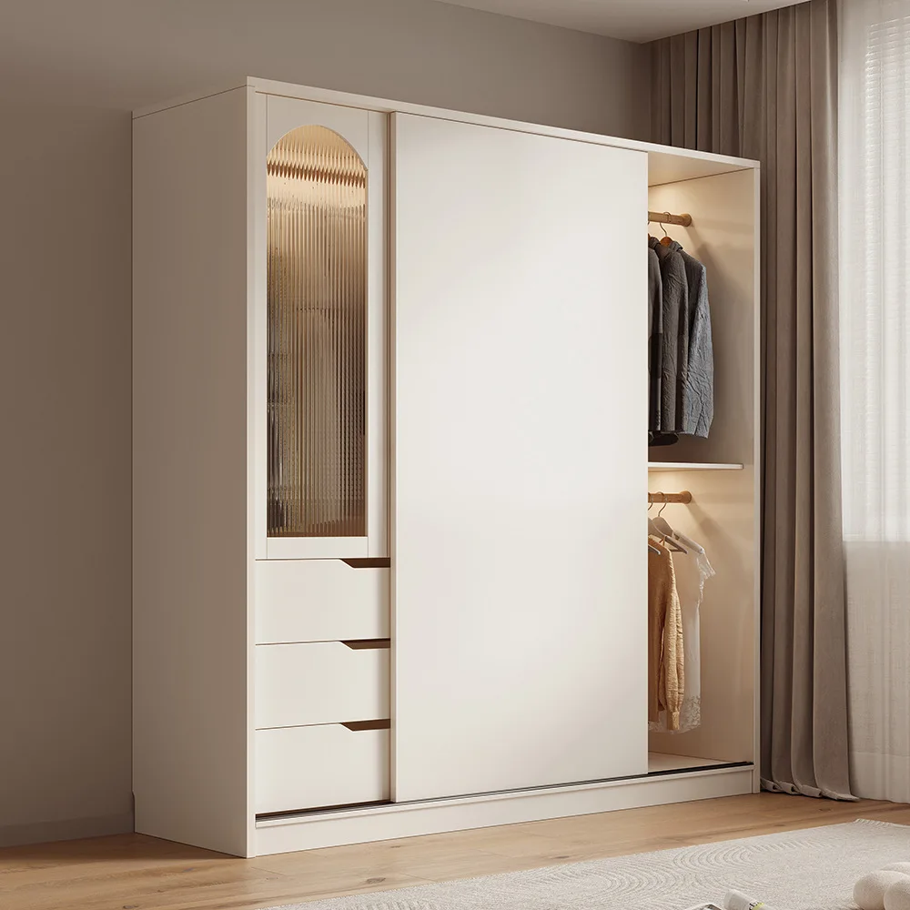 Cream wind sliding door wardrobe desk integrated corner small household bedroom locker solid wood particle wardrobe