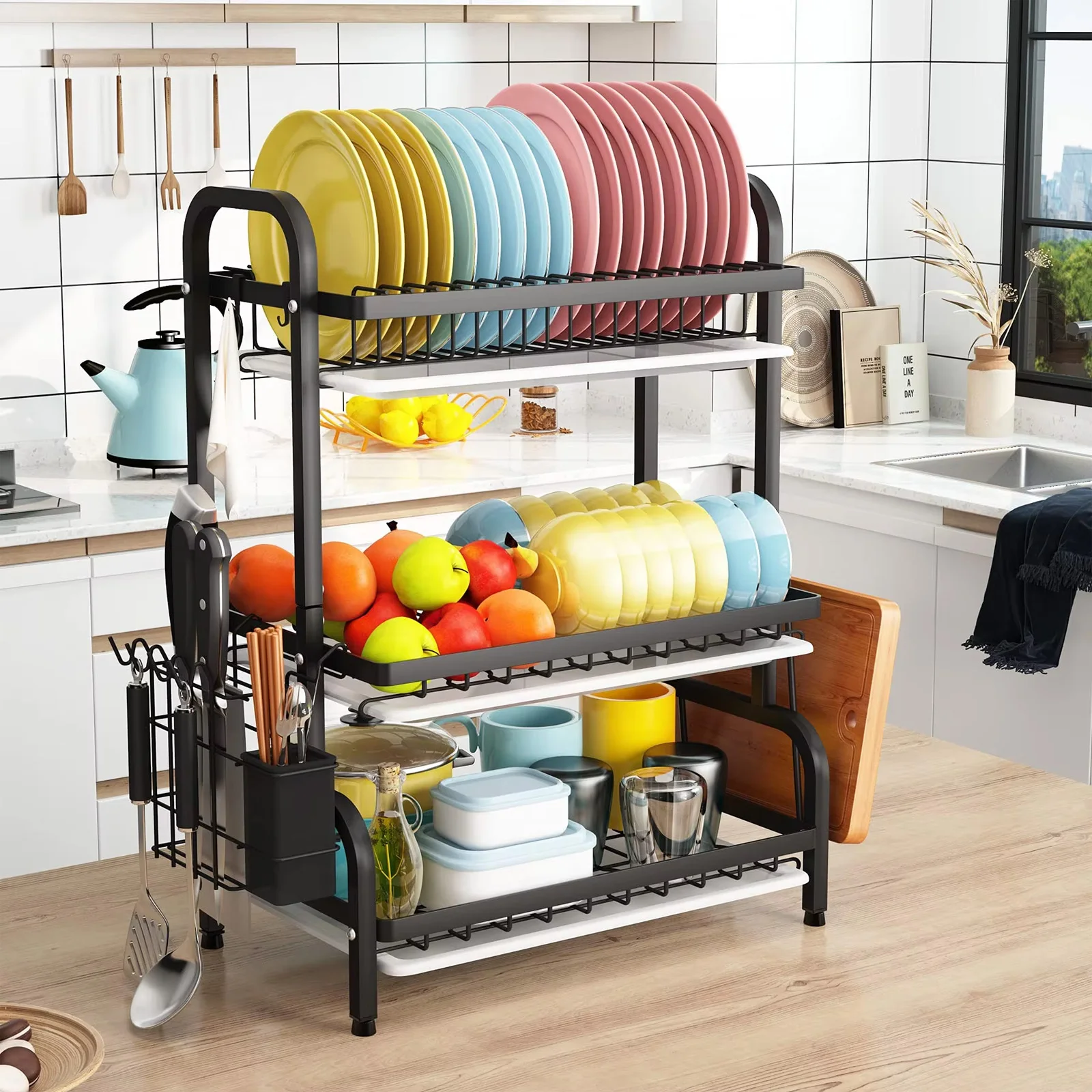 3 Tier Dish Drying Rack with Tray Utensil Holder,with Cutting Board Holder Drainboard Tray for Kitchen Counter Organizer Storage