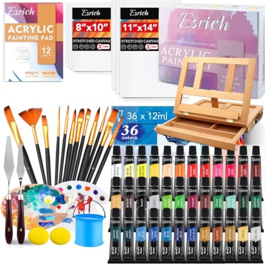 

Acrylic Paint Set, 74 PCS Professional Paint Supplies with Paint Brushes, Wooden Tabletop Easel, Canvases, Painting Pads, Palet