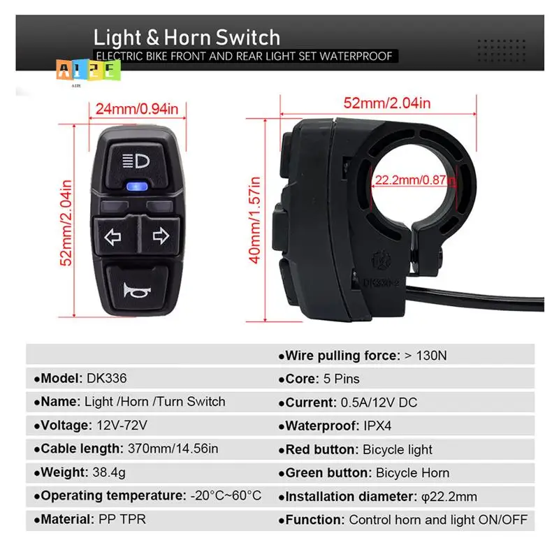 

A12E-Electric Bike Headlight And Rear Light Set Waterproof DK336 Turn Horn Switch For 8Pin 9Pin Controller Durable