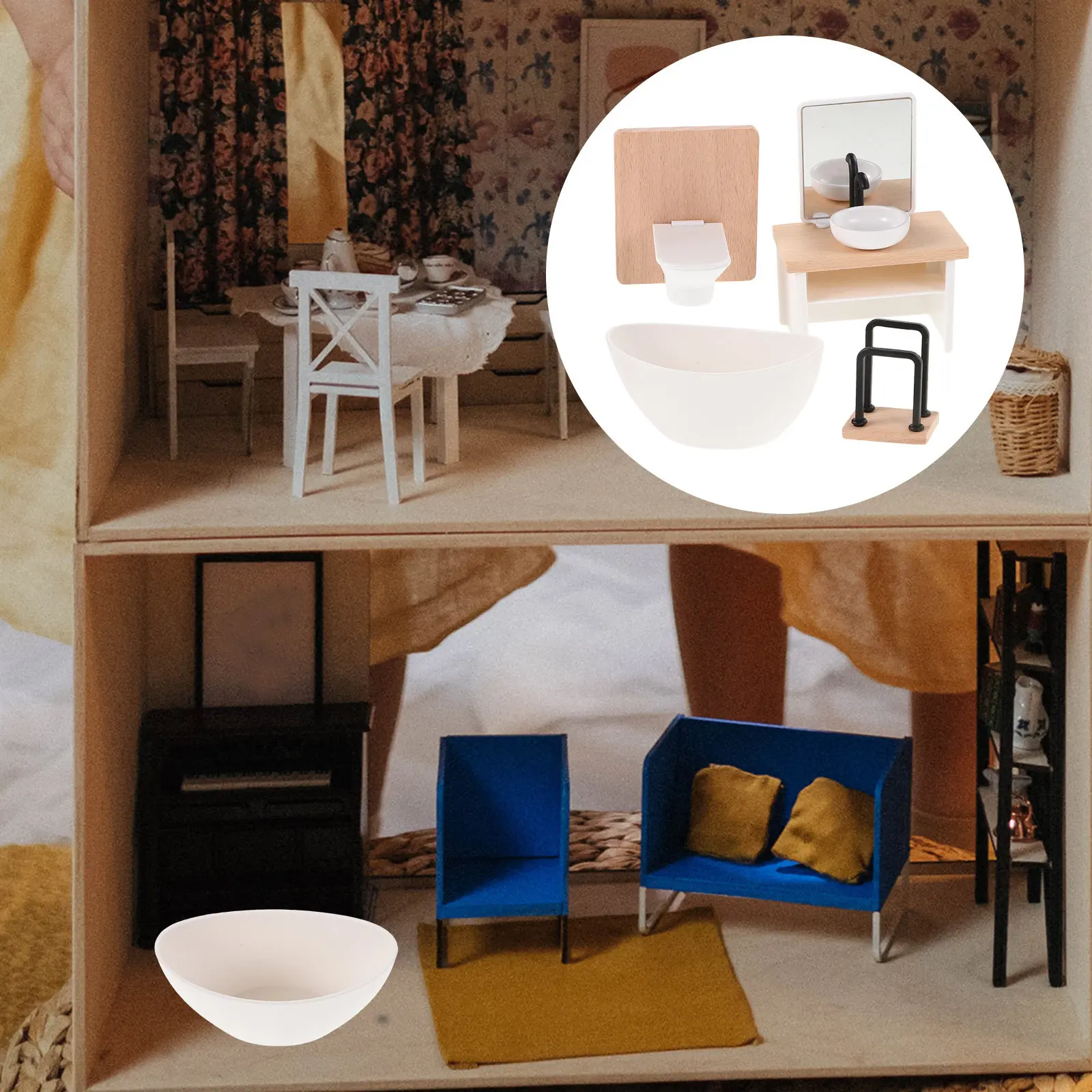 

1Set 1:12 Scale Miniature Bathroom Furniture Set Bathtub Sink Toilet Cabinet Detailed Craftsmanship Dollhouse Bathroom