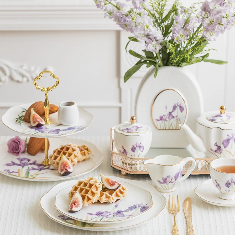 

Tea Set Purple Iris pot Milk Container Sugar Jar cup Saucer Dinner Plates Flower Vase Mug Dessert Plate Family ware