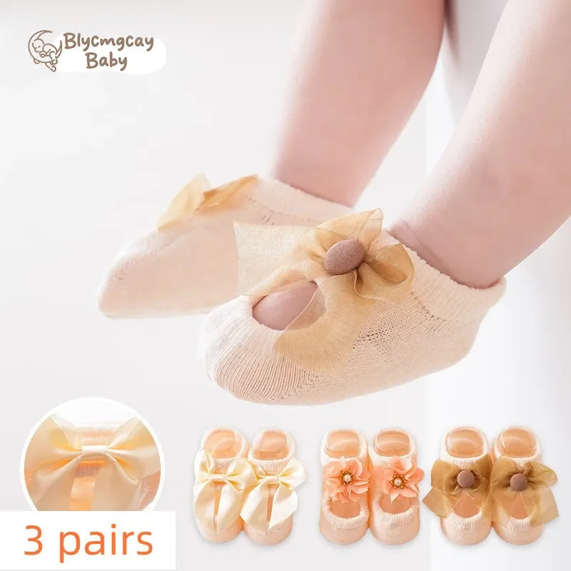 3 Pairs Baby Girl Lace Bow Socks Cotton Hollow Hole Ankle Socks Girls Solid Color Summer Non-slip Floor Socks