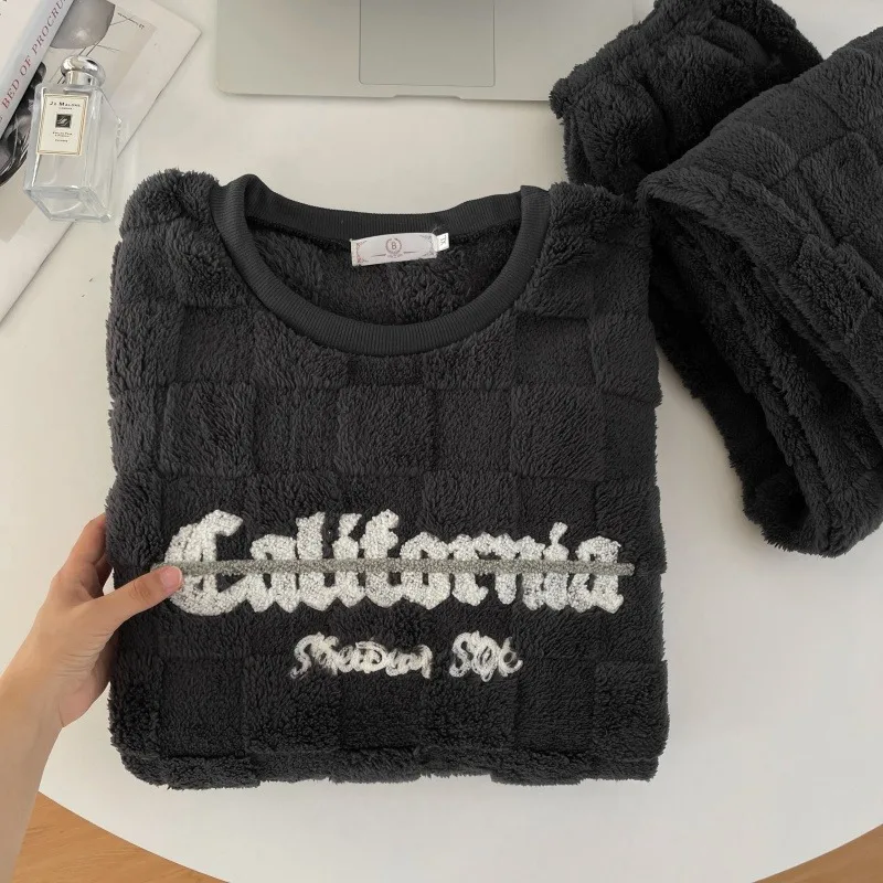 الخريف الشتاء سميكة الدافئة منامة الرجال الكورية رسالة منقوشة جديدة طويلة الأكمام ملابس النوم Homewear مجموعة ملابس خاصة المتسكعون الموضة #5