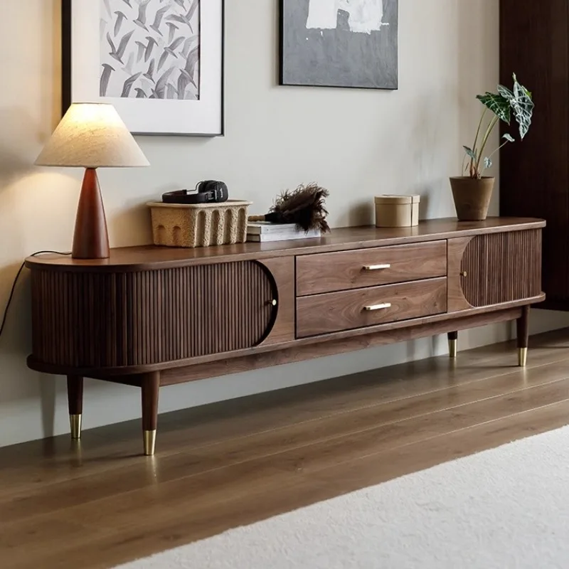 

Black walnut TV cabinet, all solid wood living room household small floor cabinet, modern simple curtain locker