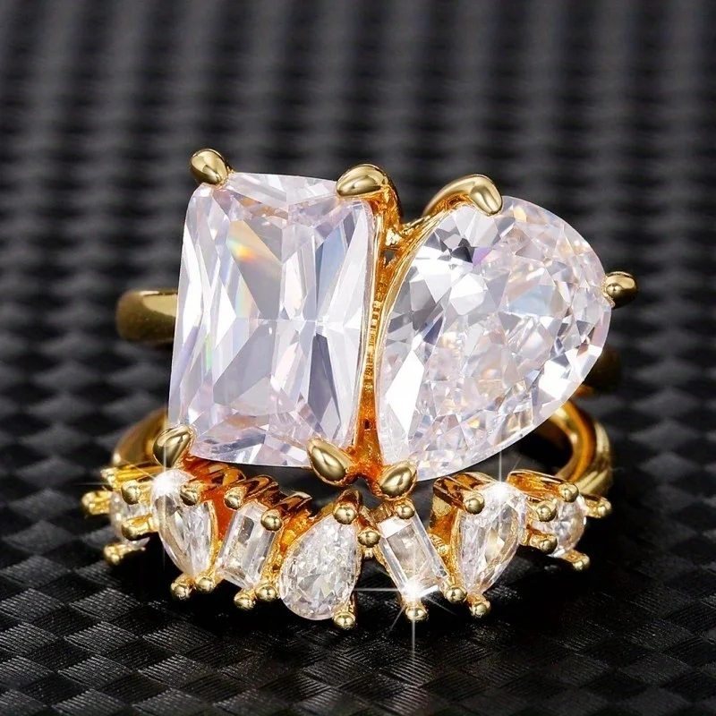 2pcs Dupes Luxury Promise Rings Inlaid Waterish Zircon In Teardrop Shape & Rectangular Shape Engagement Jewelry For Brides