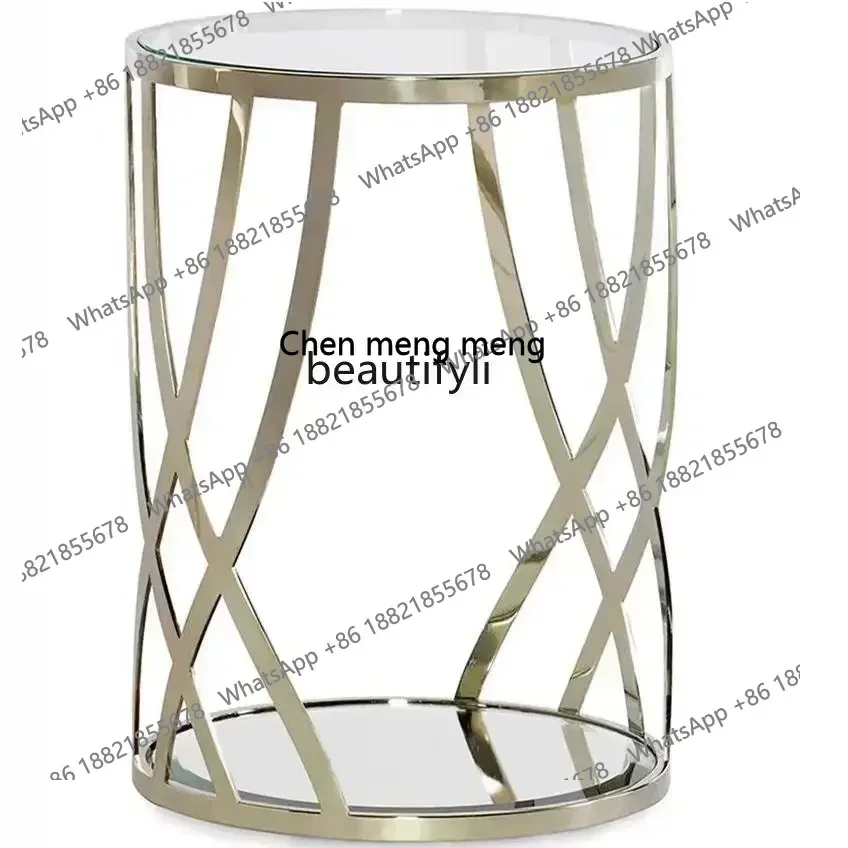 D178   Light luxury stainless steel sofa edge champagne tempered glass small round table modern simplicity