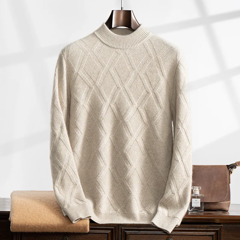 Men Cashmere Sweater Half Turtleneck Thick Jacquard Business Loose Autumn Winter