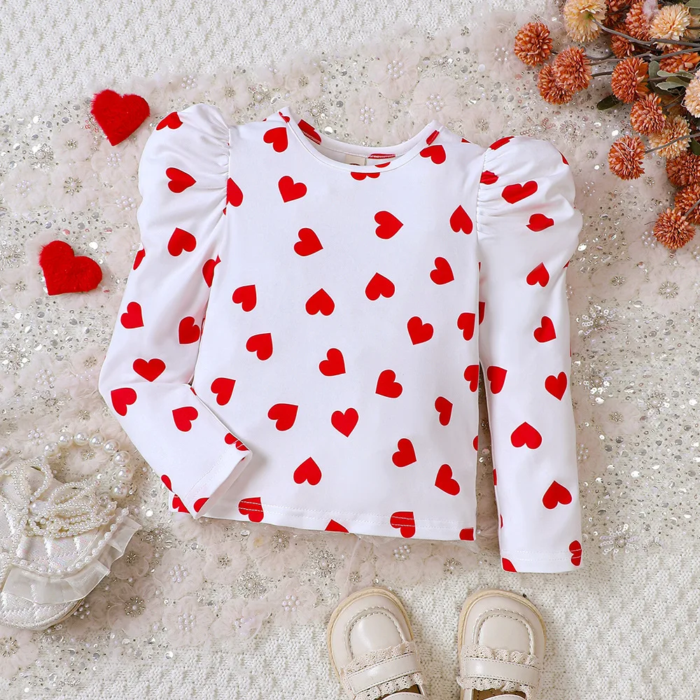 

New Arrivals Spring Children Long Sleeve O Neck Ruffles Print Heart White Cute Girls Children T-shirt Child Tops Clothes 18M-7T