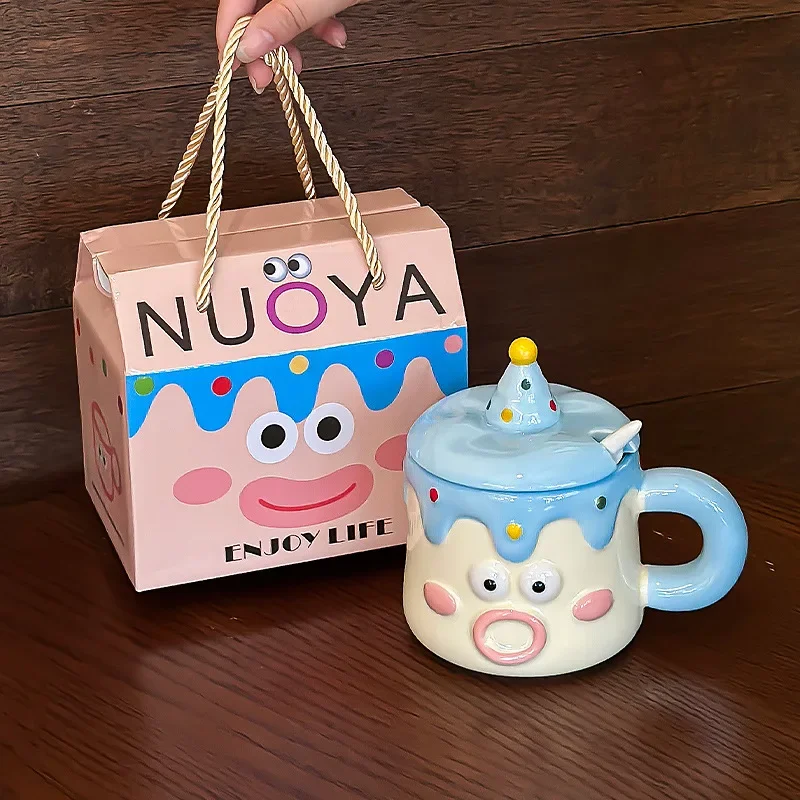 Cute cartoon ceramic water cup couple style with lid spoon hand-painted mug funny expression cup for girls practical