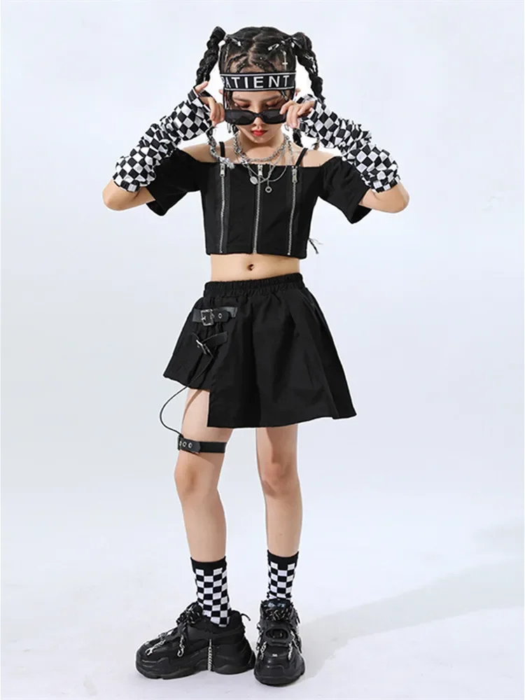 Kids Hip Hop Clothing Black Crop T Shirt Pleated Skirt for Girls Jazz Dance Costume Sets Children Streetwear Outfits 8 10 12 14Y