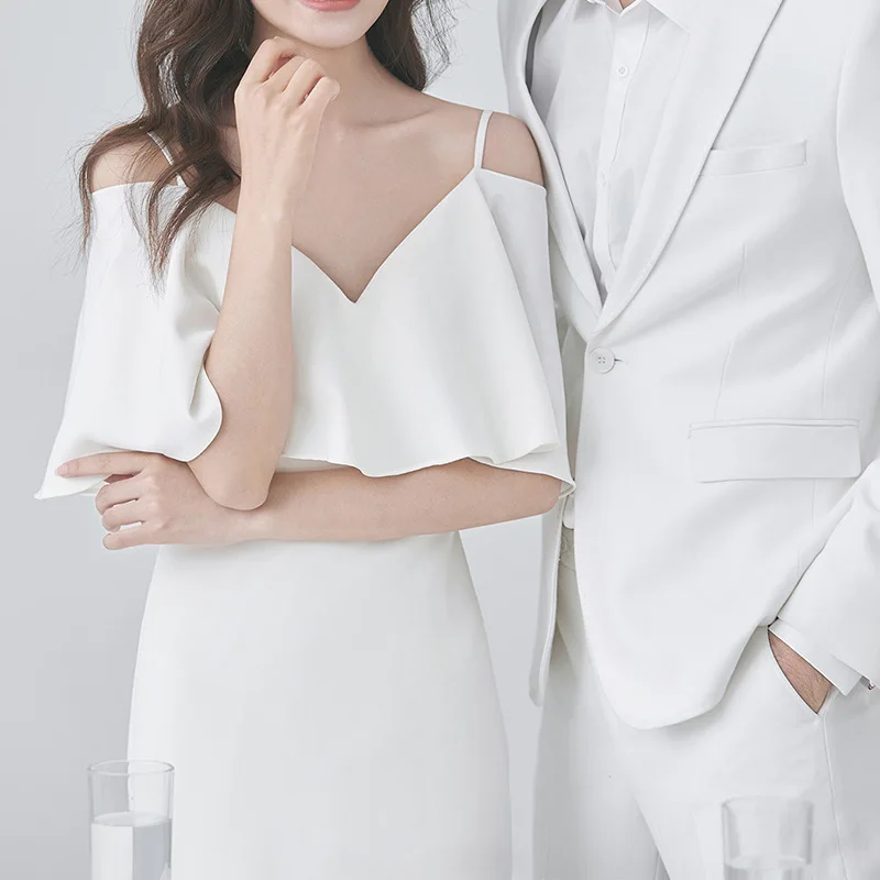 

Простое элегантное свадебное платье из атласа с одним плечевым ремнем, легкое, с покрытием для рук, для путешествий и фотосессий, стройнящее, белое