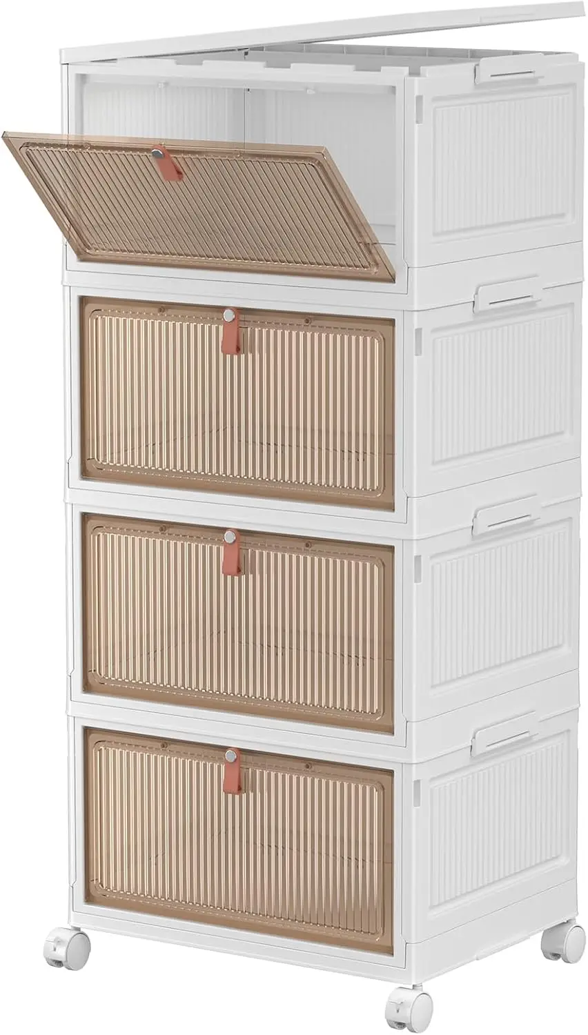 

4-Tier Stackable Storage Bins with Lids, 28Qt Plastic Containers with Magnetic Doors & Wheels for Home Organization