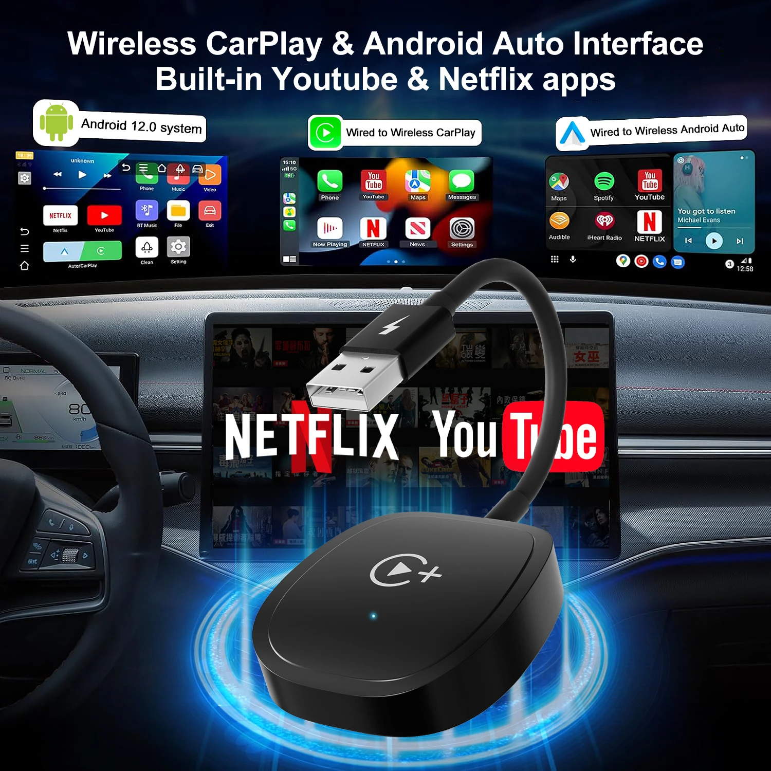 

Wireless CarPlay/Android Auto Video Adapter, supports watching YouTube/Netflix/TikTok videos without delay, plug and play