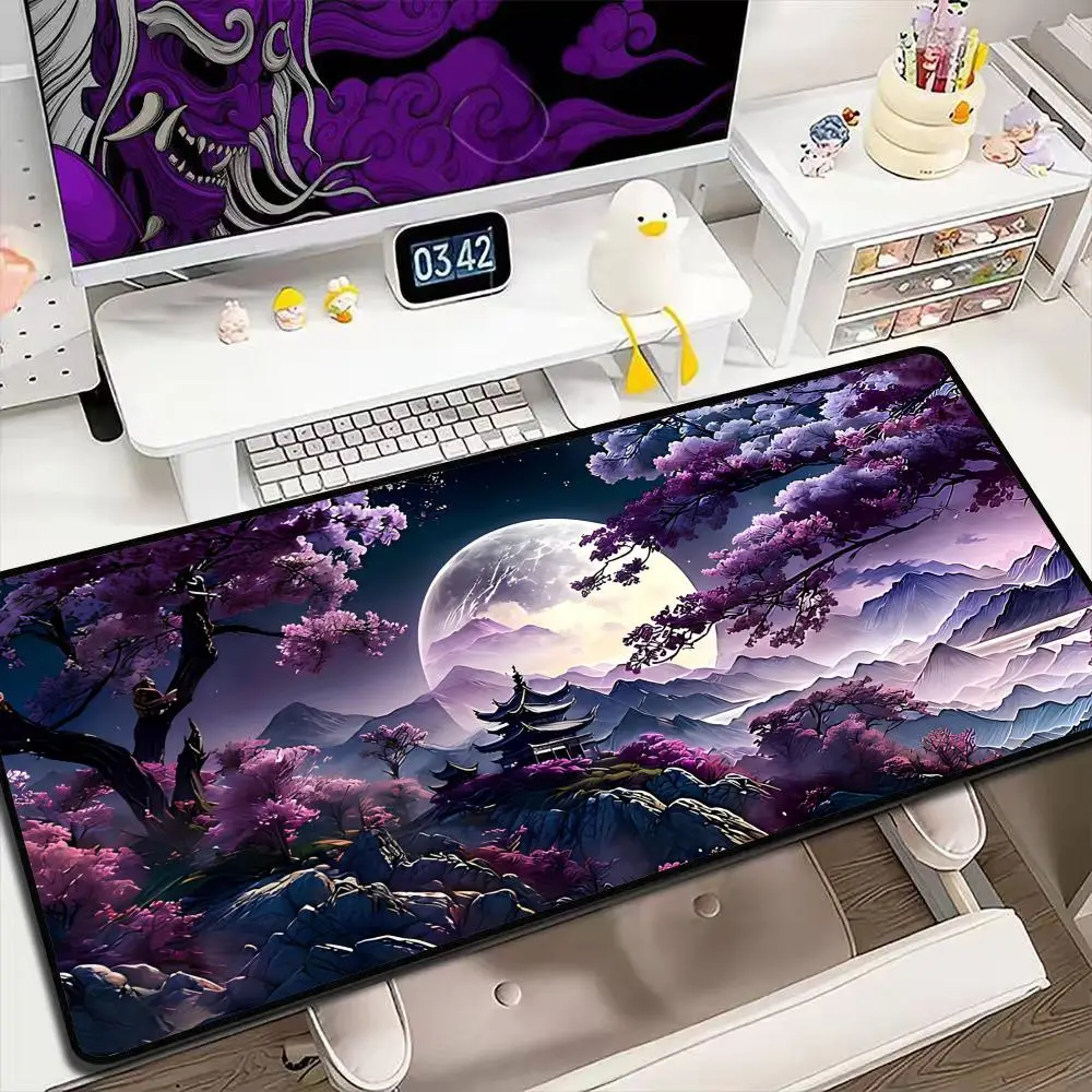 Japanese Cherry Blossom Night Landscape Mouse Pad XXL - Purple Sakura & Moon Temple Design, Non-Slip Rubber Base