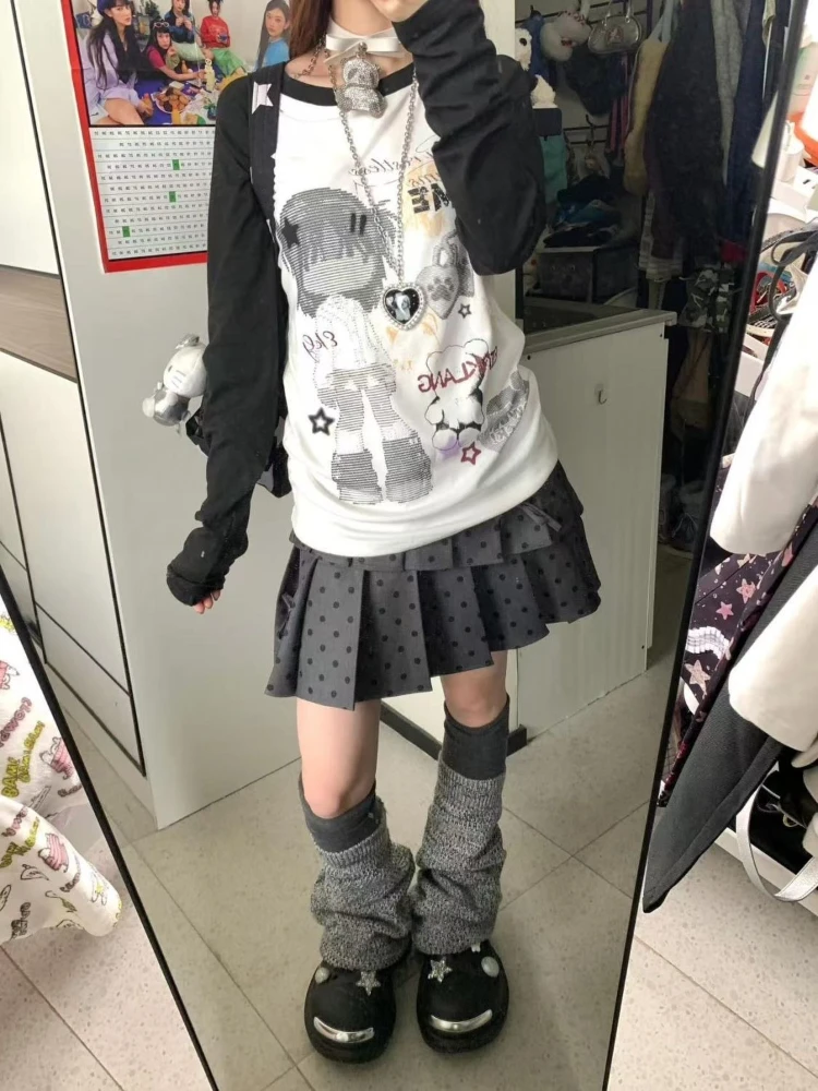 

HOUZHOU Y2k White Cute Anime Juminocore Women T-Shirts Harajuku Black Long Sleeve Japanese Style Tees Oversized Casual Kawaii