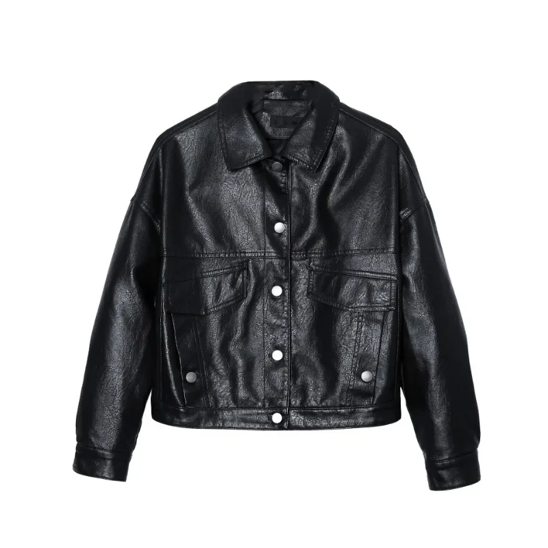 Leather Collar PU Leather Short Single Breasted Long Sleeved Slim Fit Jacket