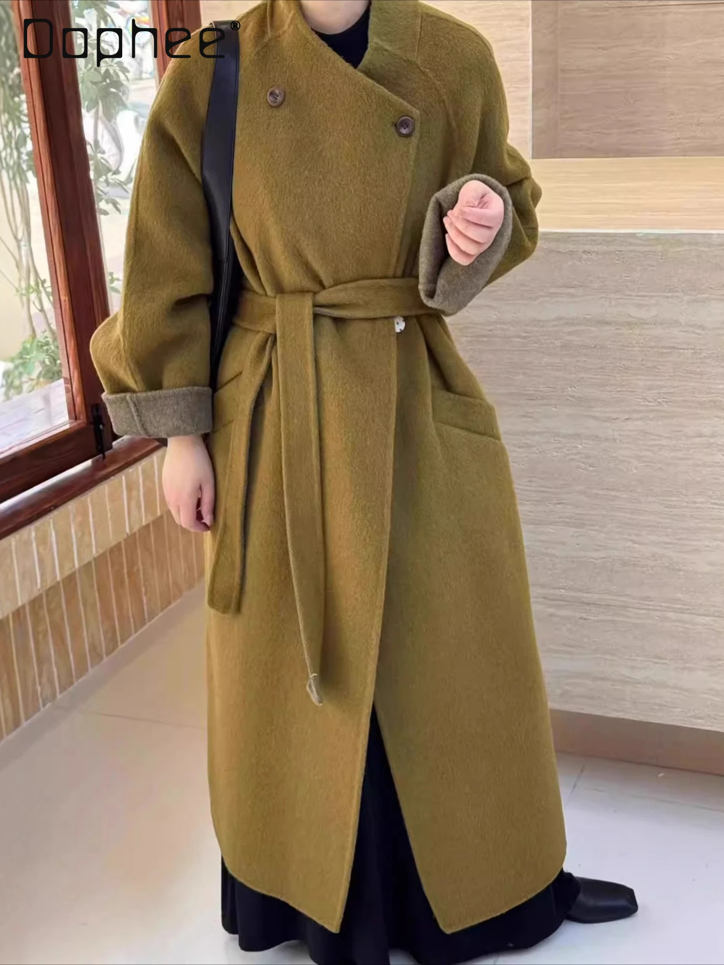 

Fashion Elegant Large Lapel Double-Sided Wool Coat for Women Autumn Winter High-End Tie-Up Versatile Loose Slim Woolen Jacket