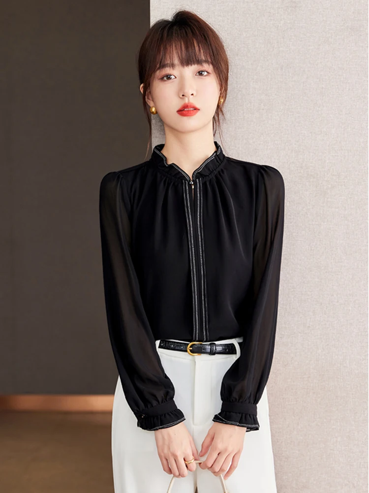 Fashion Solid Color Long Sleeve Shirt Autumn New Female Temperament Commuting Chiffon Blouse Women Casual Office Shirts