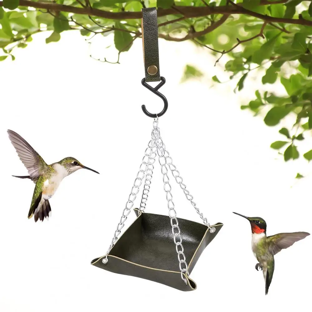 Bird Watching Feeder Metal Mesh Hanging Bird Feeder Attract Wild Birds with Faux Leather Tray Square Platform for Outdoor