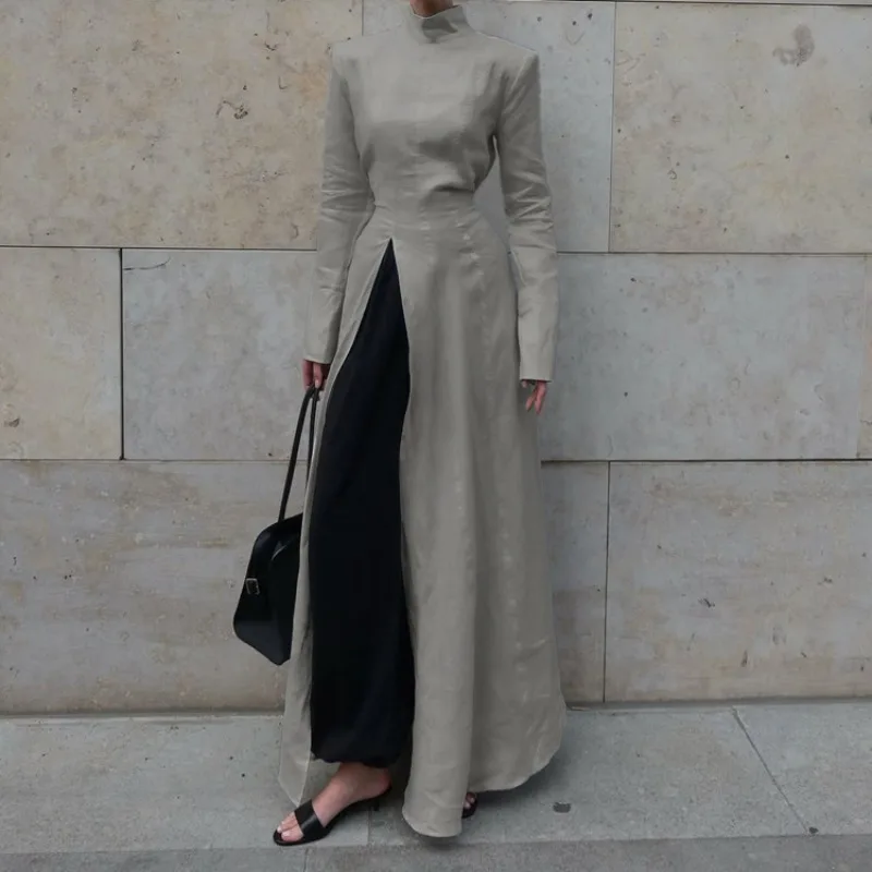 Minimalistisches Damen Graues A-Linien Maxikleid Langarm Gepolsterte Schulter Korsett Vorderer Schlitz Elegantes Lässiges Büro-Outfit Partykleid