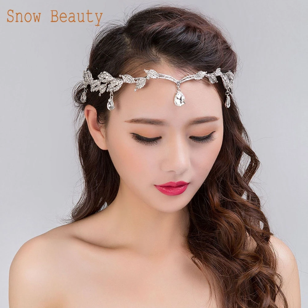 

A05 Forehead Wedding Tiara Vintage Crystal Leaves Hair Accessories Costume Women Elegant Hair Band Fairy HeadbandHair Jewelry