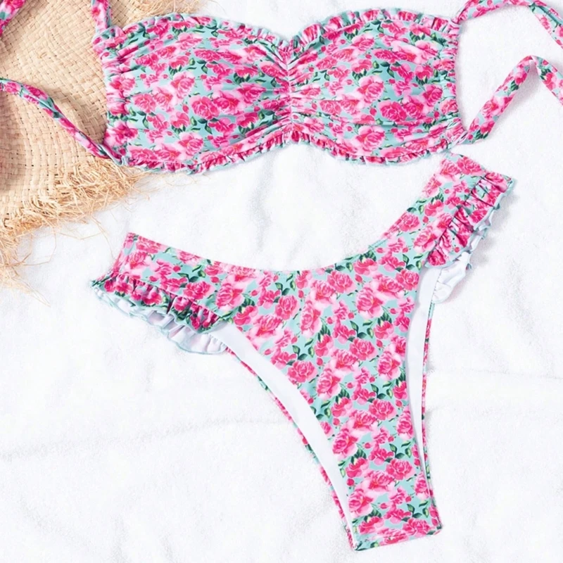 طقم تانكيني مكشكش مكون من قطعتين للنساء، ملابس سباحة مطبوعة بالزهور، تصميم منفصل، ملابس شاطئ مريحة