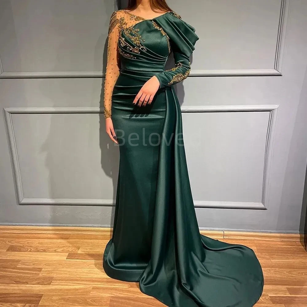 2023 Newest  Mermaid Arabic Evening Dress For Women Wedding Long Sleeve Beaded Appliques Elegant Formal Party Gown De Soriee