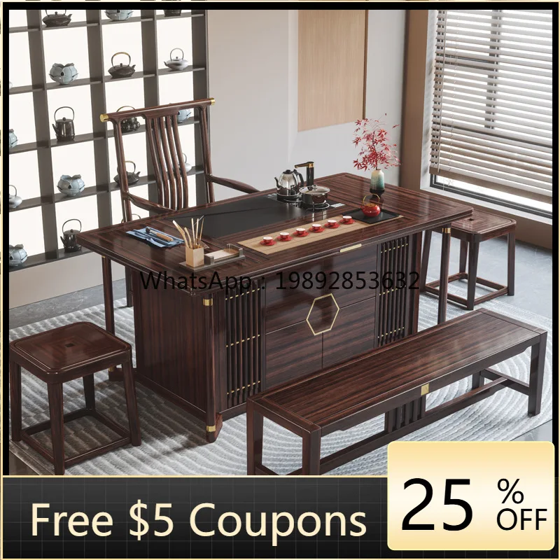 

LYY Solid Wood Tea Table and Chair Set New Chinese Style Office Coffee Table Ebony Wood Home Set Integrated Tea Brewing Table