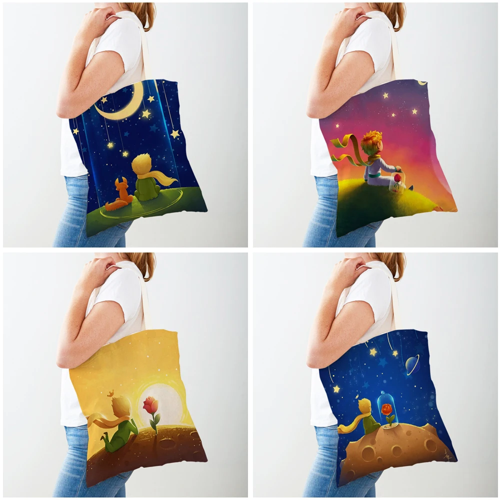 Bolso de compras con estampado doble para mujer, bolsa de compras clásica de dibujos animados de Anime, Tote de viaje para niños y niñas